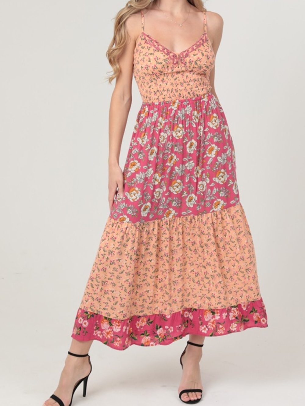 Angie Pink Floral Smocked Maxi Dress NWOT Large
